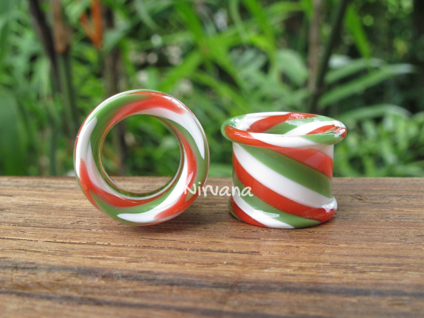 1 Pair (2 Pieces) Holiday Green/White/Red Tunnels Glass