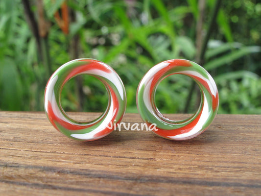 1 Pair (2 Pieces) Holiday Green/White/Red Tunnels Glass