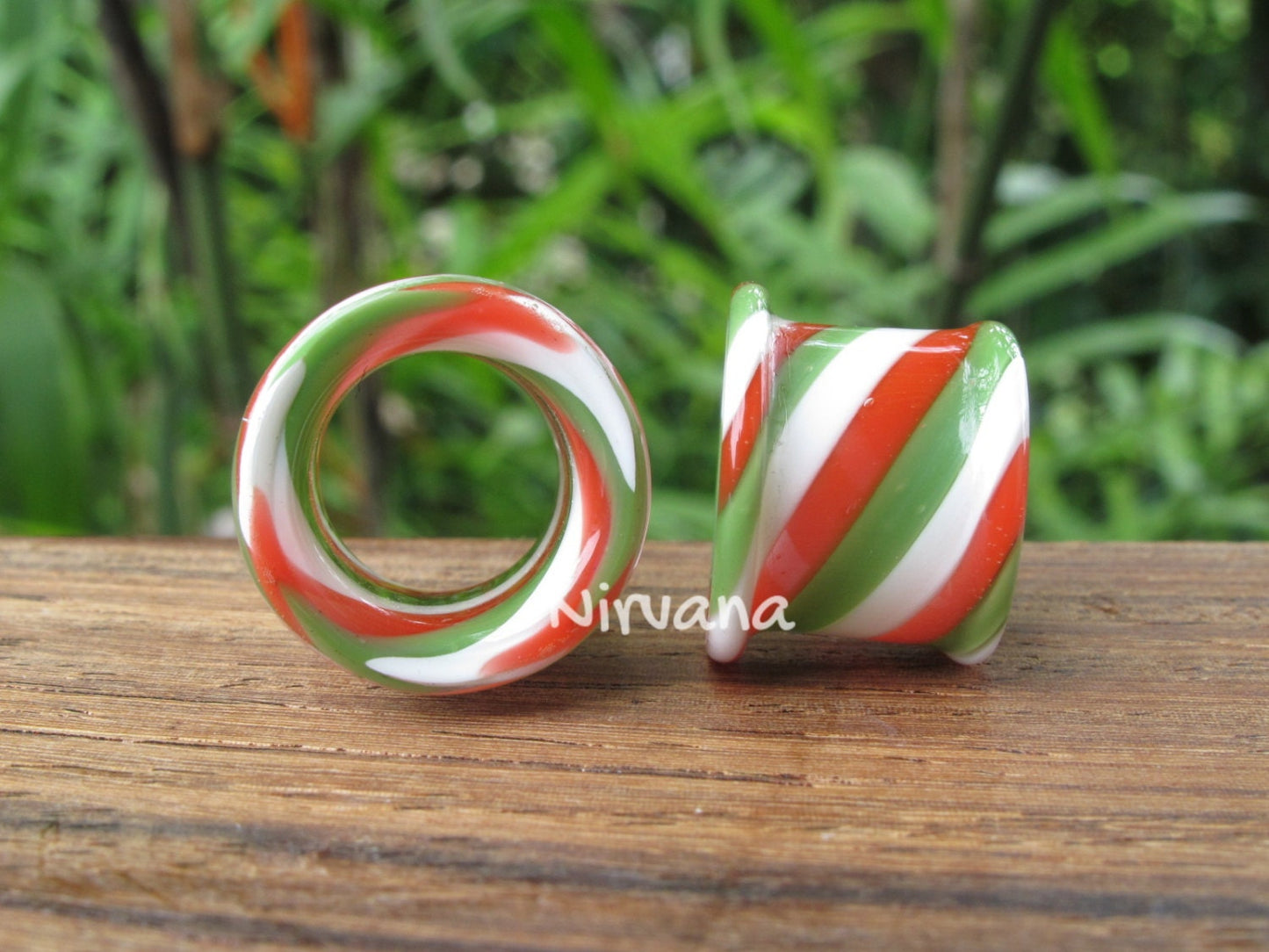 1 Pair (2 Pieces) Holiday Green/White/Red Tunnels Glass