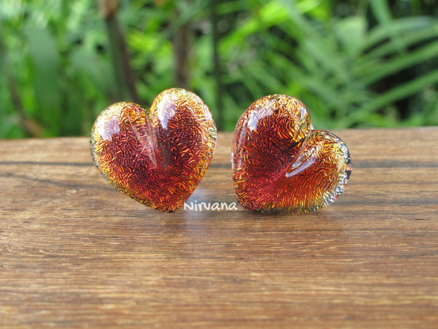 1 Pair (2 Pieces) Fire Red Dichroic Glass Heart Plugs Pyrex