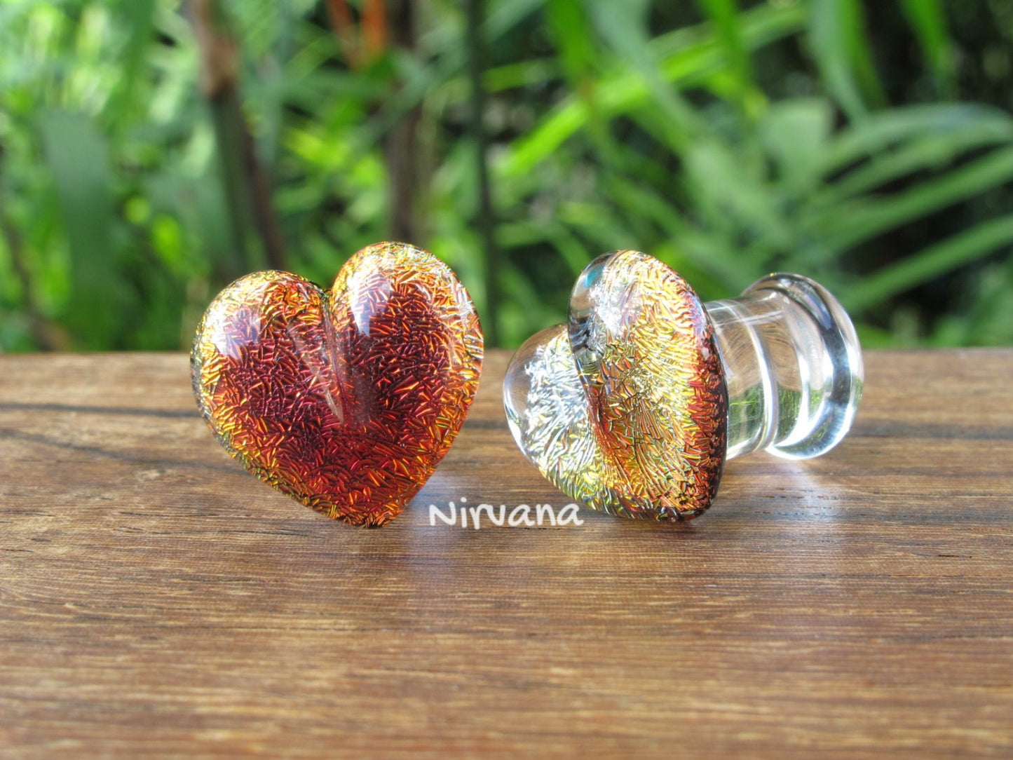 1 Pair (2 Pieces) Fire Red Dichroic Glass Heart Plugs Pyrex