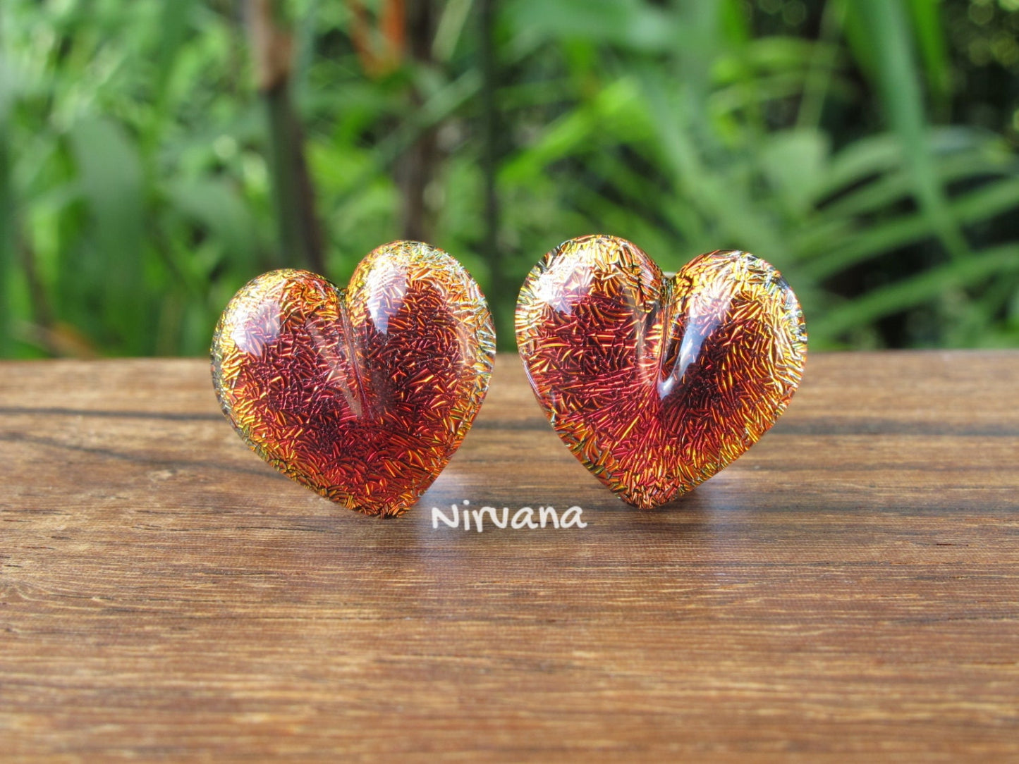 1 Pair (2 Pieces) Fire Red Dichroic Glass Heart Plugs Pyrex
