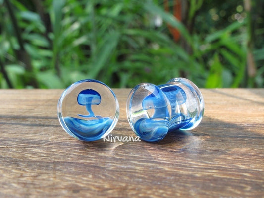 1 Pair (2 Pieces) Magic Mushroom Plugs Pyrex Glass Exotic Dark Blue