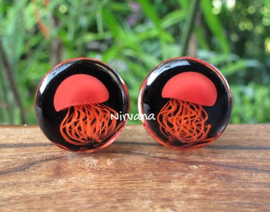 1 Pair (2 Pieces) Red Pyrex Glass Jellyfish Plugs on Black with Red Legs