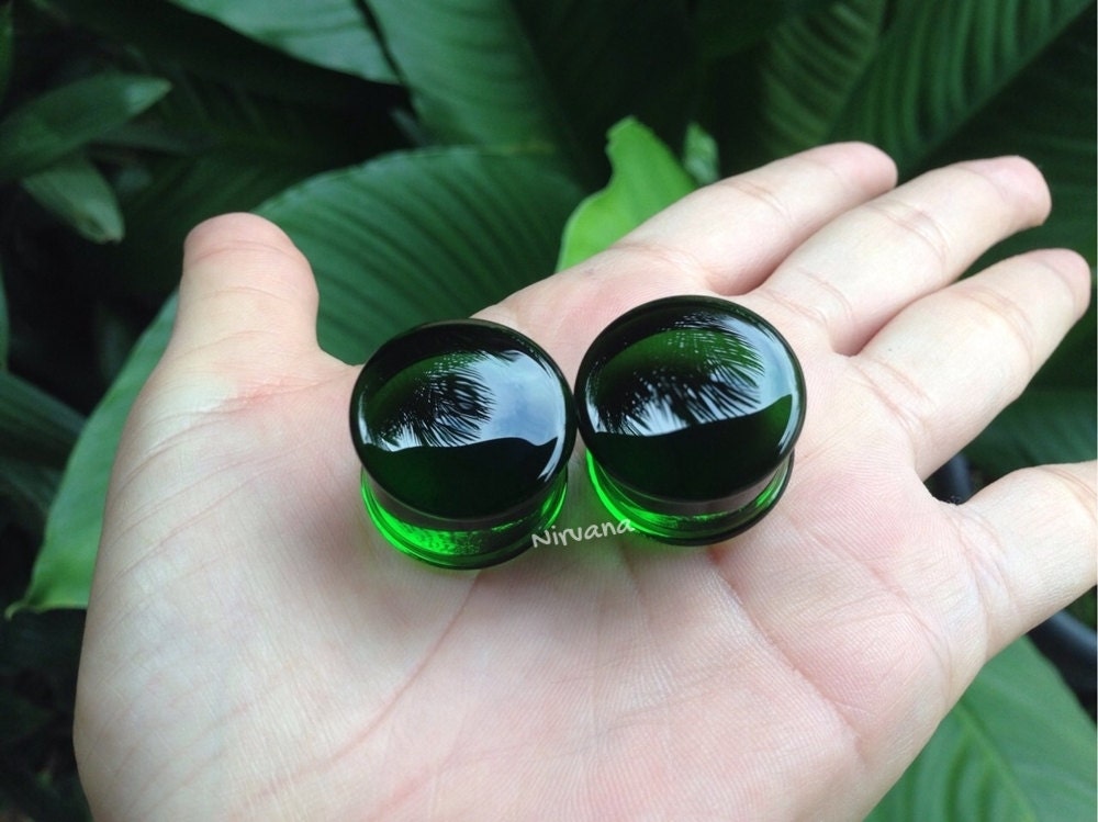 1 Pair (2 Pieces) Transparent Green Solid Color Glass Plugs