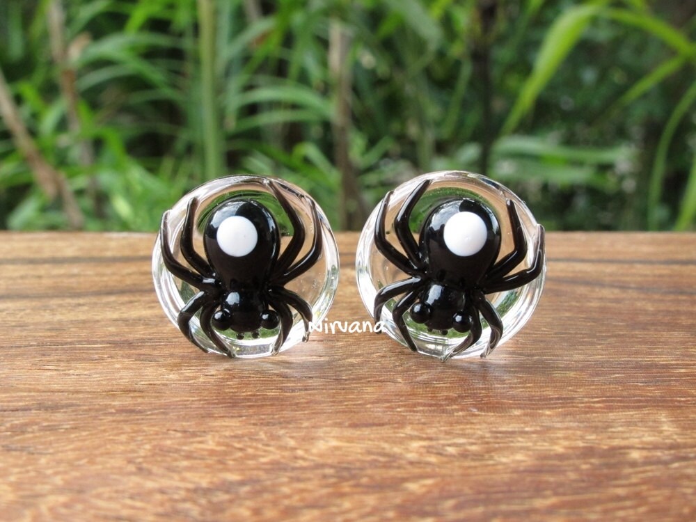 1 Pair (2 Pieces) Black Widow Spider with White Spots Glass Plugs