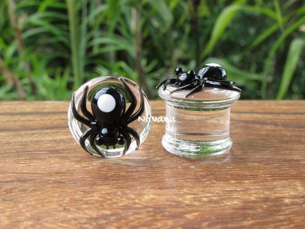 1 Pair (2 Pieces) Black Widow Spider with White Spots Glass Plugs