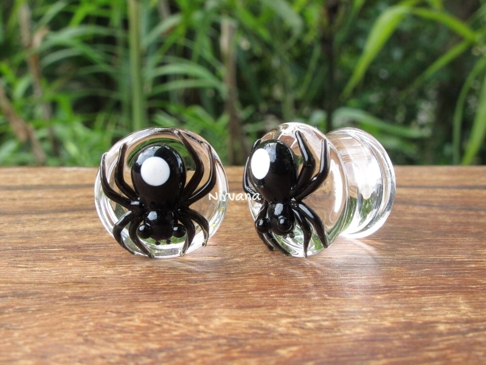 1 Pair (2 Pieces) Black Widow Spider with White Spots Glass Plugs