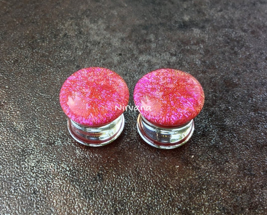 1 Pair (2 Pieces) Cherry Red Pink Dichroic Glass Plugs
