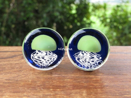 1 Pair (2 Pieces) Jade Pyrex Glass Jellyfish Plugs Cobalt Background