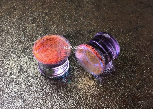 1 Pair (2 Pieces) Translucent Fire Red Dichroic Glass Plugs on Trans. Purple Background Color