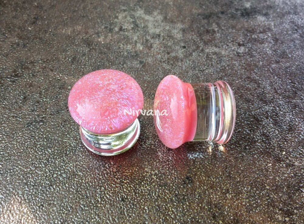 1 Pair (2 Pieces) Light Pastel Pink Dichroic Glass Plugs