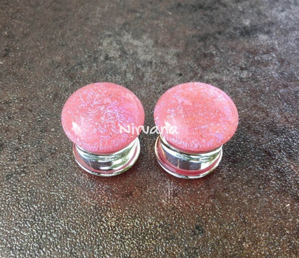 1 Pair (2 Pieces) Light Pastel Pink Dichroic Glass Plugs