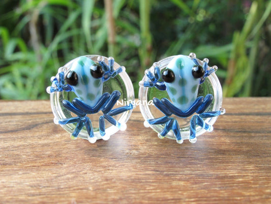 1 Pair (2 Pieces) Sky Blue Frogs with Green Spots Glass Plugs
