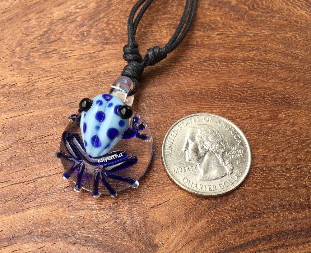 1 Piece - Custom Made Sky Blue Poison Tree Frog with Blue Spots Glass Pendant Critters With Adjustable Black Cord
