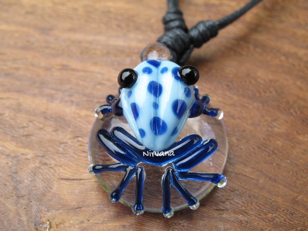 1 Piece - Custom Made Sky Blue Poison Tree Frog with Blue Spots Glass Pendant Critters With Adjustable Black Cord