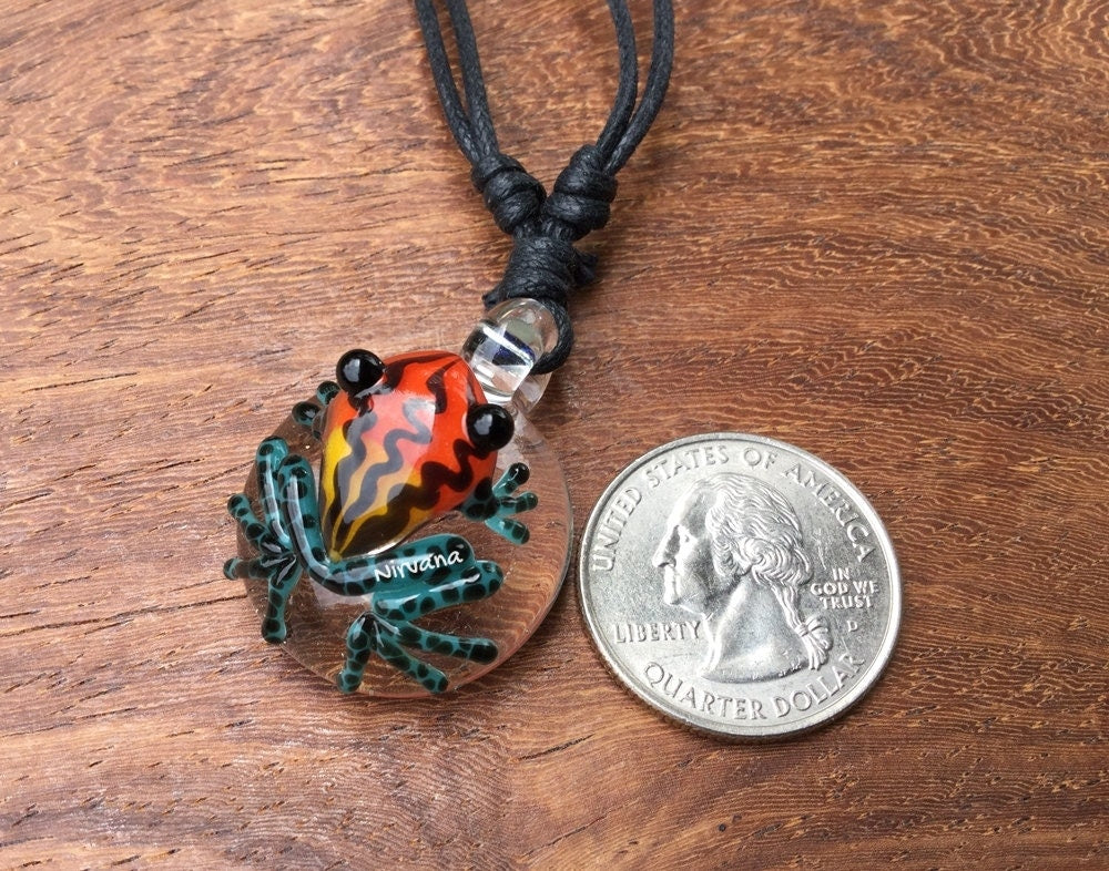 1 Piece - Custom Made Sunburst Poison Tree Frog Glass Pendant Critters With Adjustable Black Cord
