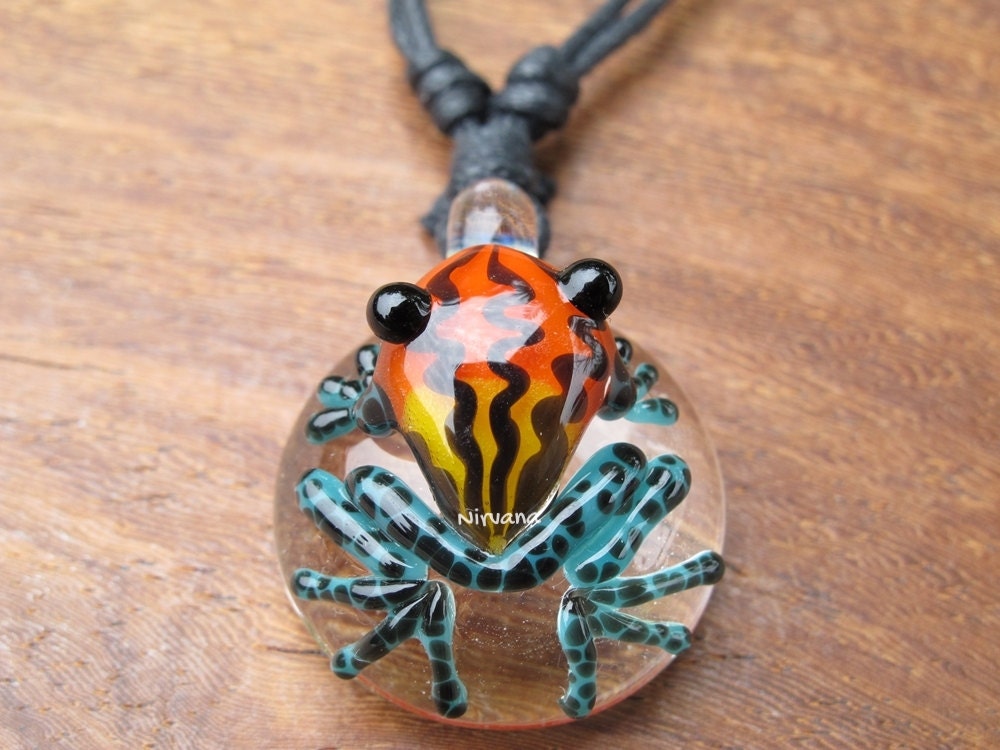 1 Piece - Custom Made Sunburst Poison Tree Frog Glass Pendant Critters With Adjustable Black Cord