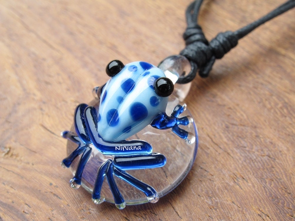 1 Piece - Custom Made Sky Blue Poison Tree Frog with Blue Spots Glass Pendant Critters With Adjustable Black Cord