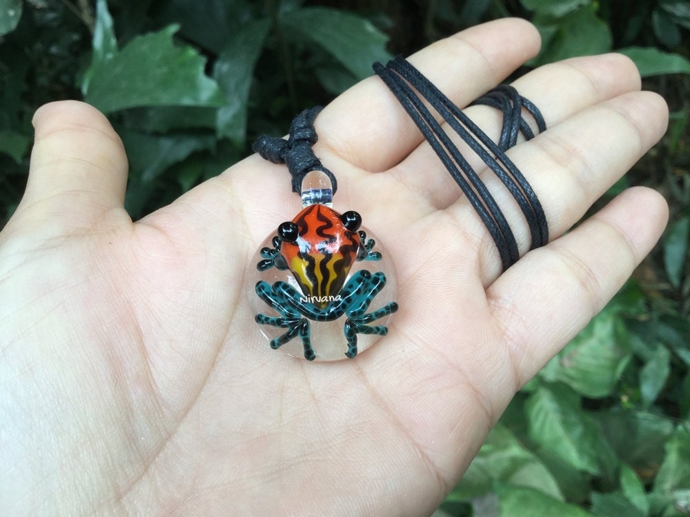 1 Piece - Custom Made Sunburst Poison Tree Frog Glass Pendant Critters With Adjustable Black Cord