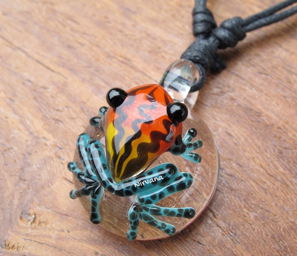 1 Piece - Custom Made Sunburst Poison Tree Frog Glass Pendant Critters With Adjustable Black Cord