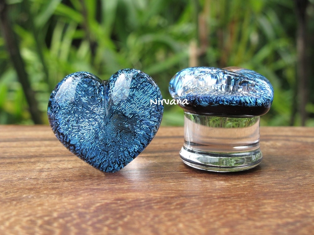 1 Pair (2 Pieces) Aqua Blue Dichroic Glass Heart Plugs Pyrex