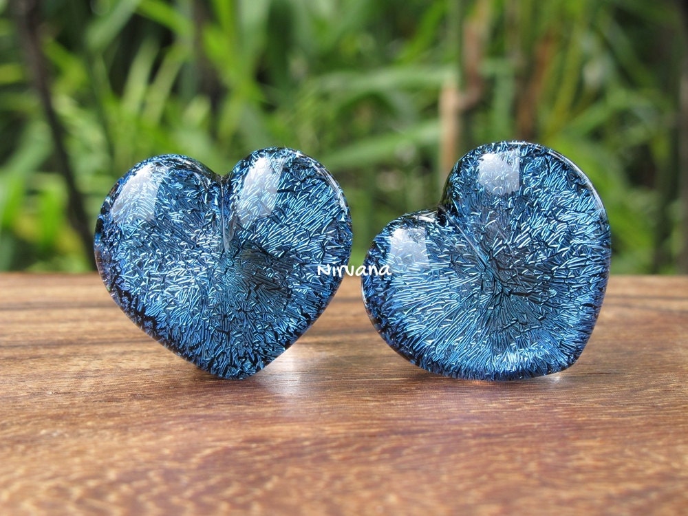 1 Pair (2 Pieces) Aqua Blue Dichroic Glass Heart Plugs Pyrex