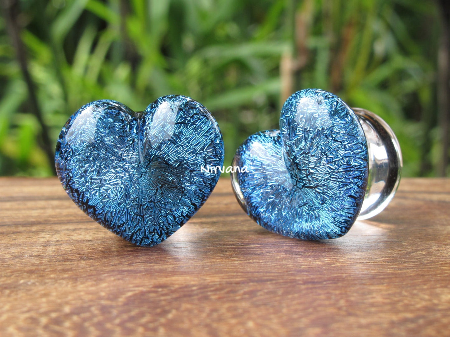 1 Pair (2 Pieces) Aqua Blue Dichroic Glass Heart Plugs Pyrex