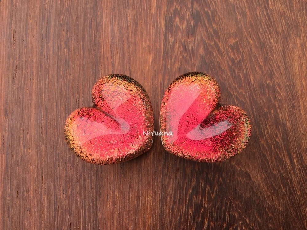 1 Pair (2 Pieces) Fire Red Dichroic Glass Heart Plugs