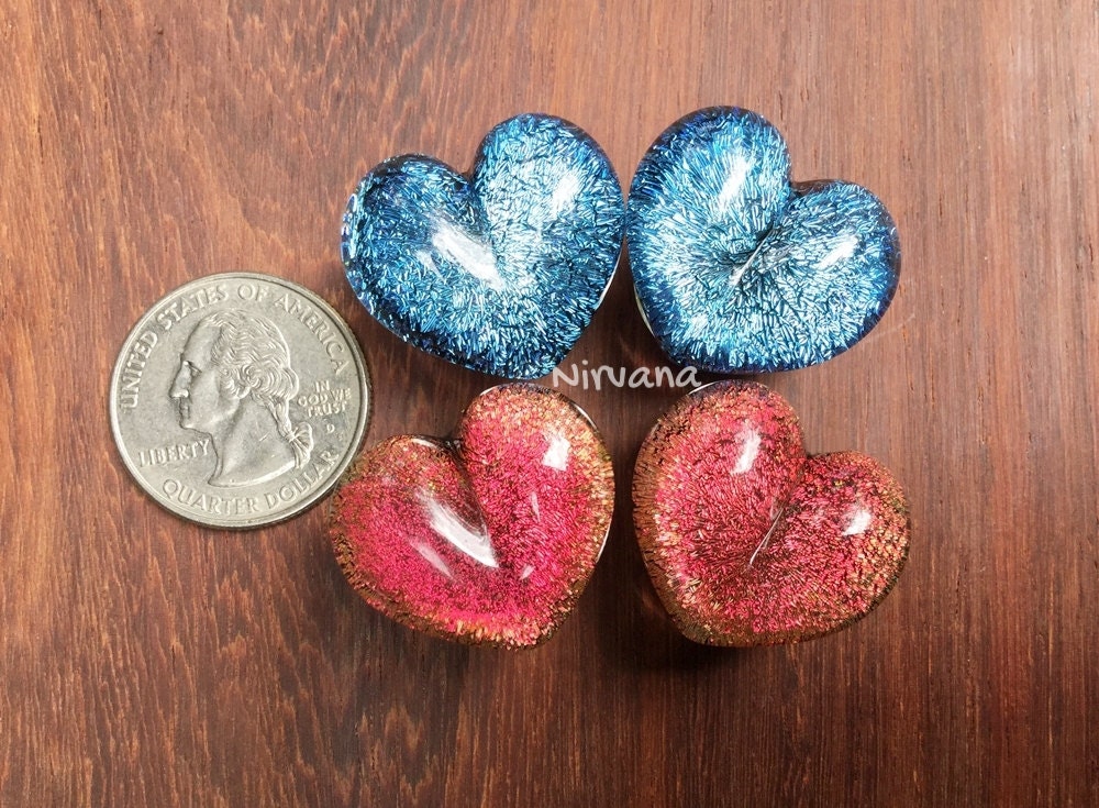 1 Pair (2 Pieces) Fire Red Dichroic Glass Heart Plugs