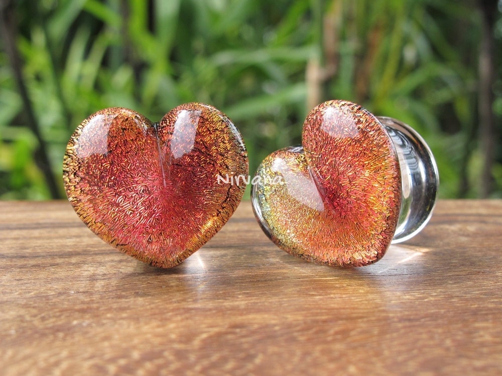 1 Pair (2 Pieces) Fire Red Dichroic Glass Heart Plugs