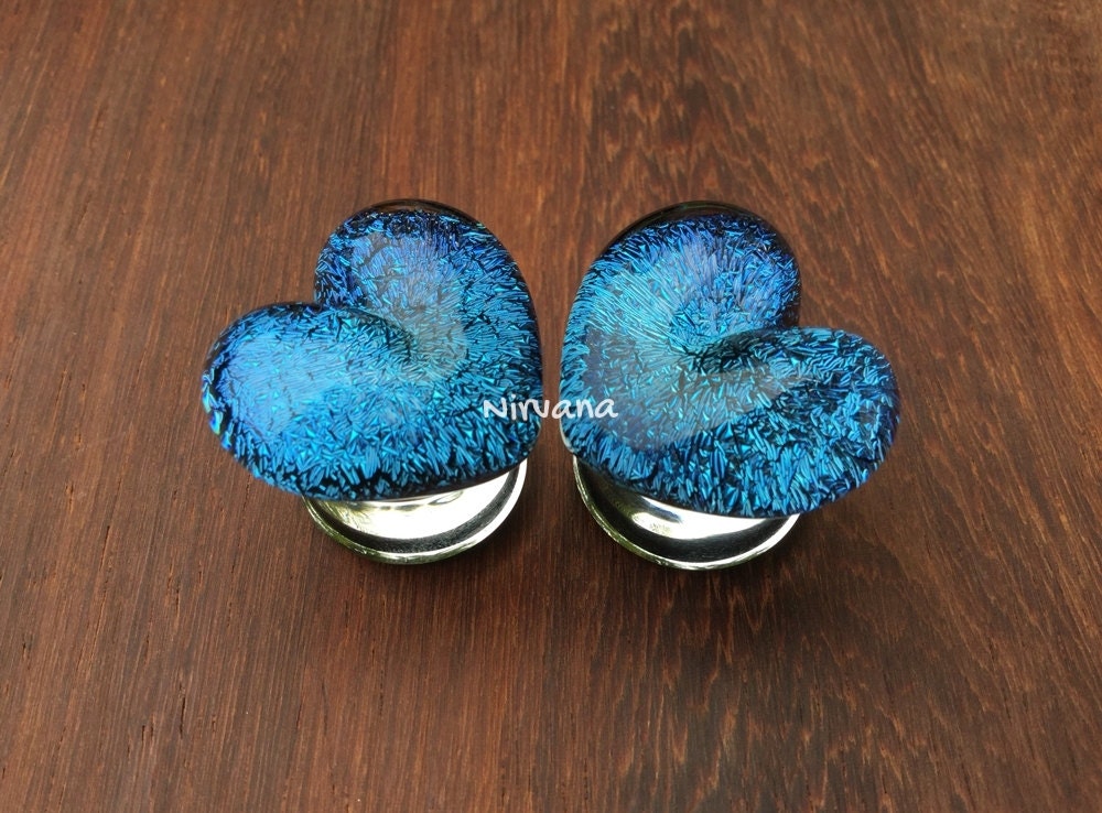 1 Pair (2 Pieces) Aqua Blue Dichroic Glass Heart Plugs Pyrex