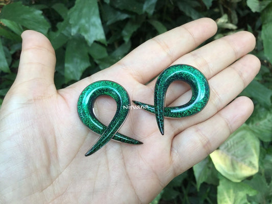 1 Pair (2 Pieces) Emerald Green Dichroic Glass Single Twists Spirals