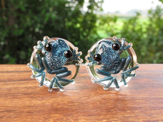 1 Pair (2 Pieces) Dichroic Solid Aqua Blue Poison Tree Frog Plugs