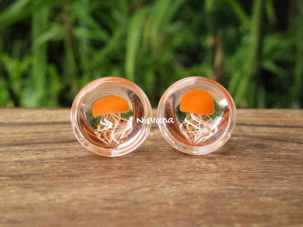 1 Pair (2 Pieces) Pyrex Glass Orange Head Jellyfish Plugs with White & Orange Legs