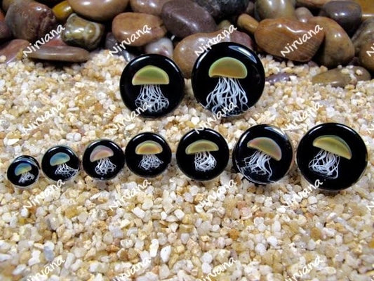 1 Pair (2 Pieces) Pyrex Glass Jellyfish Plugs Black Background