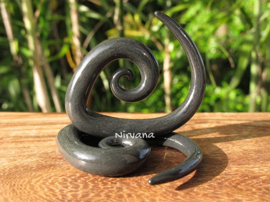 1 Pair (2 Pieces) Charcoal Dark Gray Pyrex Glass Tear Drop Spirals